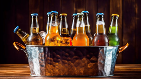 Generative AI, brilliant colours, and a metal bucket with beer bottles and ice cubes on a hardwood background.の素材