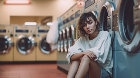 A young woman is waiting at a washing room using Generative AI.の素材