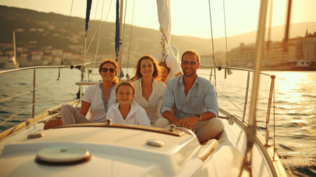 Generative AI and a family sailing a luxury boatの素材