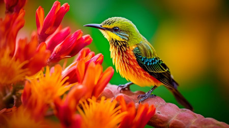 Generative AI, vivid hues, and an ultra macroshot of a bird on an open flowerの素材