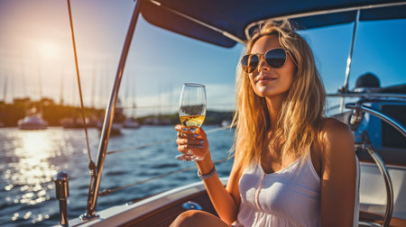 Generative AI woman on summer vacation on a boat while sipping wineの素材