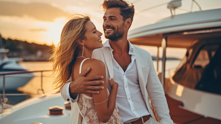 Attractive and wealthy couple celebrate on a boat with Generative AI.の素材