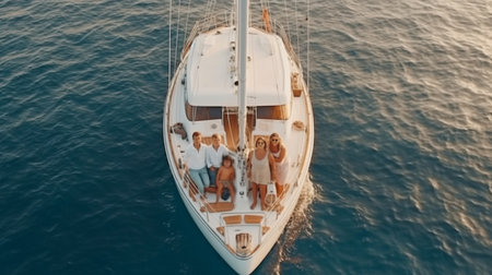 Generative AI image depicts a contented family with a cute kid and daughter relaxing on a large boatの素材