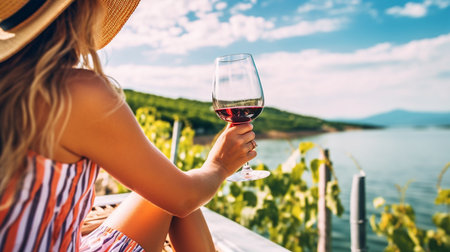 Generative AI woman on summer vacation on a boat while sipping wineの素材