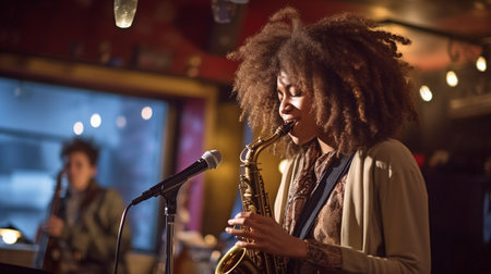 Performance by a female vocalist and saxophone at the jazz club, Generative AIの素材