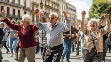 a group of elderly people dancing in the street. Generative AI, health for the elderlyの素材