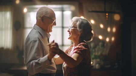 Generative AI shows a senior couple dancing behind glass next to a window in their home.の素材