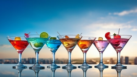 Generative AI created coloured drinks with a water background.の素材