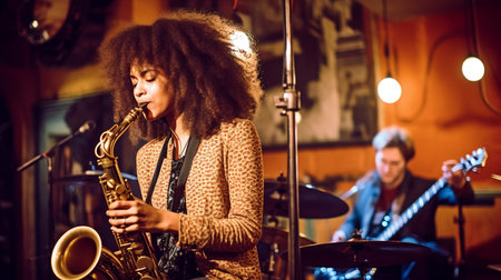 Performance by a female vocalist and saxophone at the jazz club, Generative AIの素材