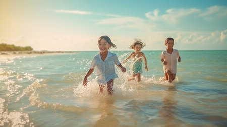 group of diverse young children enjoying and running together in the sea at a tropical beach during their summer vacation, The Generative AIの素材