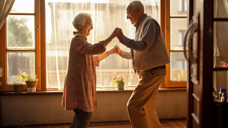 Generative AI shows a senior couple dancing behind glass next to a window in their home.の素材
