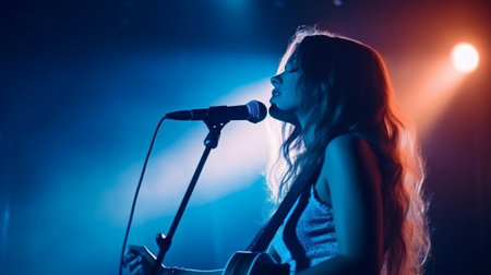 Generative AI plays while a lady performs a song on stage in the dark while lit by floodlights.の素材