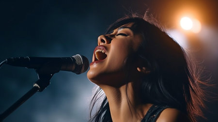Generative AI plays while a lady performs a song on stage in the dark while lit by floodlights.の素材