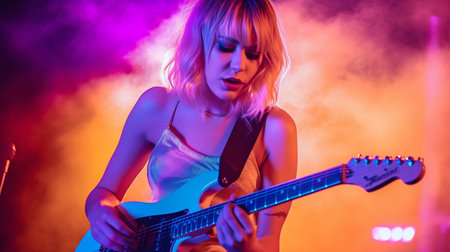 Generative AI performs a young Caucasian female vocalist and guitarist on a neon background with a variety of colours.の素材