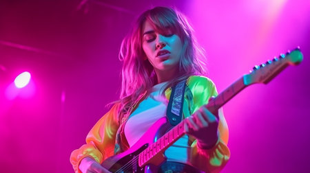 Generative AI performs a young Caucasian female vocalist and guitarist on a neon background with a variety of colours.の素材