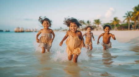 group of diverse young children enjoying and running together in the sea at a tropical beach during their summer vacation, The Generative AIの素材
