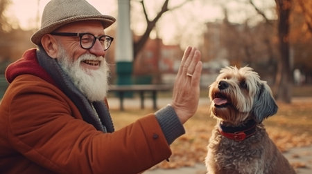 Happy white senior with a beard and spectacles offers his hand to the dog to smell. Generative AIの素材