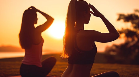 Generative AI, Two Women Outdoor Yoga, Sunsetの素材