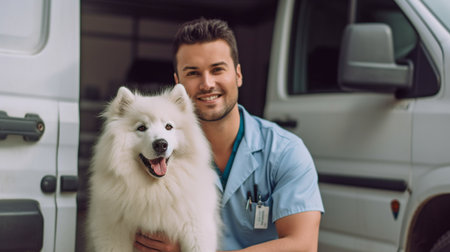 French bulldog puppy with veterinarian at the vet ambulance, Generative AIの素材