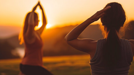 Generative AI, Two Women Outdoor Yoga, Sunsetの素材