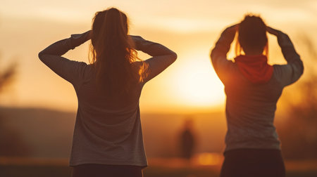 Generative AI, Two Women Outdoor Yoga, Sunsetの素材