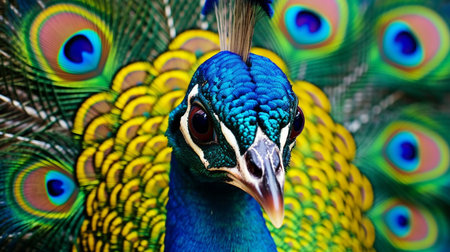 Generative AI, vivid hues, and an ultra-close-up of a peacockの素材