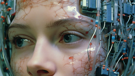 Generative AI, fibre optic contact lenses, genetically modified human female faceの素材