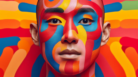 Generative AI, creative photography, and a close-up of a human with a colourful faceの素材