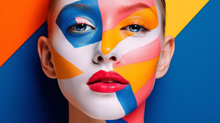 Generative AI, creative photography, and a close-up of a human with a colourful faceの素材