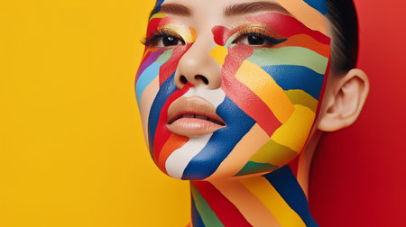 Generative AI, creative photography, and a close-up of a human with a colourful faceの素材