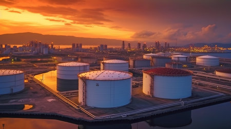tank for holding oil in commercial zones. Export-oriented crude oil storage facility. Asian plants that make palm oil. Industry Zone for Atmosphere, Generative AIの素材