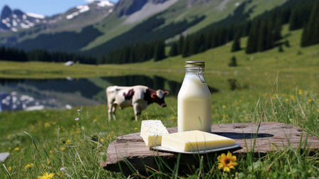In a meadow of the Alpine mountains, cows graze in the distance, and there is a piece of cheese and a bottle of dairy items made from cow's milk.の素材
