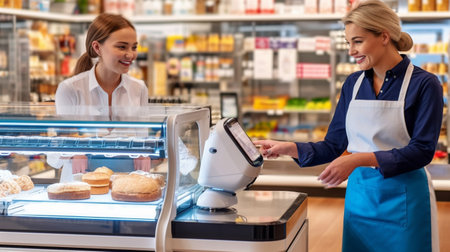In a grocery store, a robot cashier serves a customer.の素材