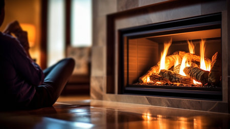 picture of a woman sitting by a fireplaceの素材