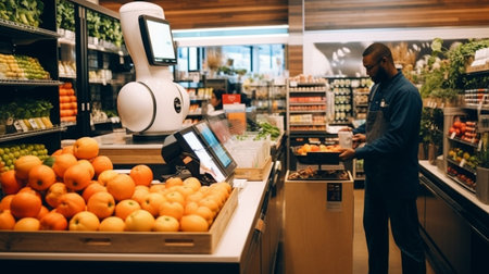 In a grocery store, a robot cashier serves a customer.の素材