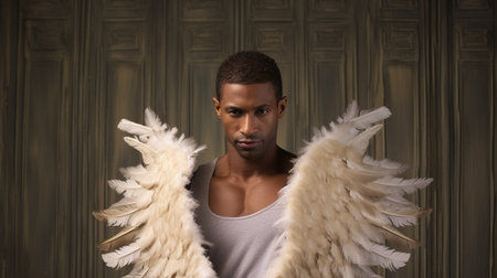 Black American man wearing angel wings made of feathersの素材
