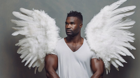 Black American man wearing angel wings made of feathersの素材