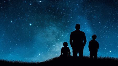 Observing the moon, stars, and father's day with their sonの素材