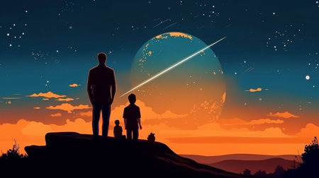 Observing the moon, stars, and father's day with their sonの素材