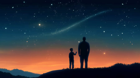 Observing the moon, stars, and father's day with their sonの素材