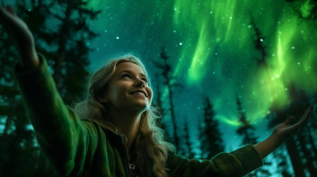 Happy woman in the woodland with lovely green auroraの素材