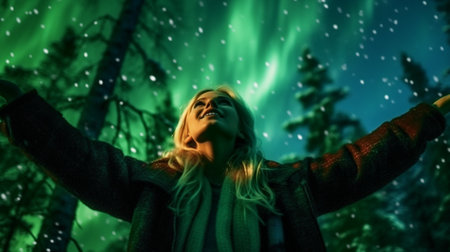 Happy woman in the woodland with lovely green auroraの素材