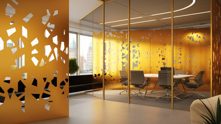 dividers in an office made of gold aluminium with a graphic design on themの素材
