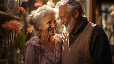 Seniors hugging and enjoying their retirement together at home.の素材