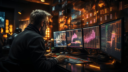 Cryptocurrency traders discussing trading charts, research reports, growth, and notion of financial hazards while observing the monitorの素材