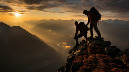 A silhouette of the climbers who, with cooperation and collaboration, reached the summit of the mountain.の素材