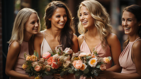 young bride savouring the bouquet's flavour in close proximity to mixed-race bridesmaidsの素材