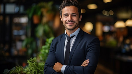 Posing in a spacious, professional office, a young man exudes confidence and positivity.の素材