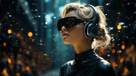 Businesswoman image with virtual reality headgear, the internet, and digital information. Blockchain technology, the metaverseの素材