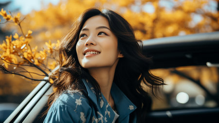 cheerful woman driving a car. Young, successful, and joyful brunette driverの素材